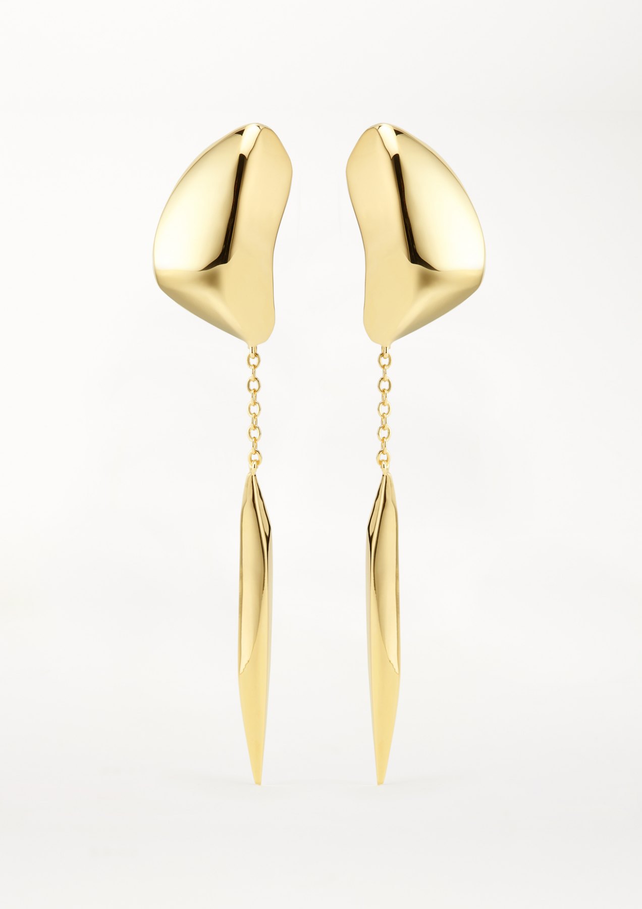 statement earrings with long chain pendant in clean sculptural design in gold