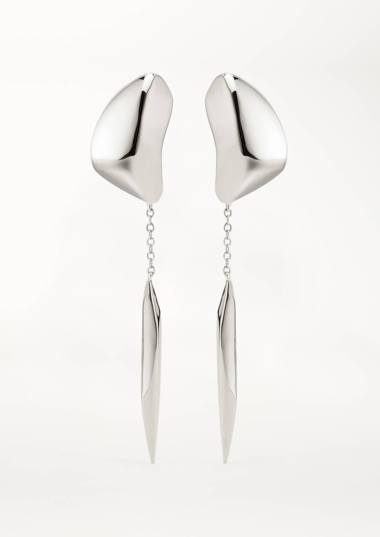 statement earrings with long chain pendant in clean sculptural design in silver 